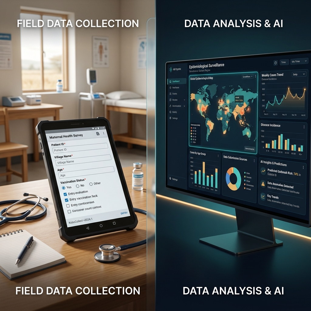High-fidelity public health analytics split visual showing field data collection on the left and an analyst dashboard on the right